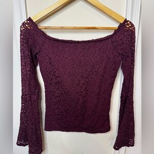 Hollister Lace Off-Shoulder Top - bell sleeve burgandy top